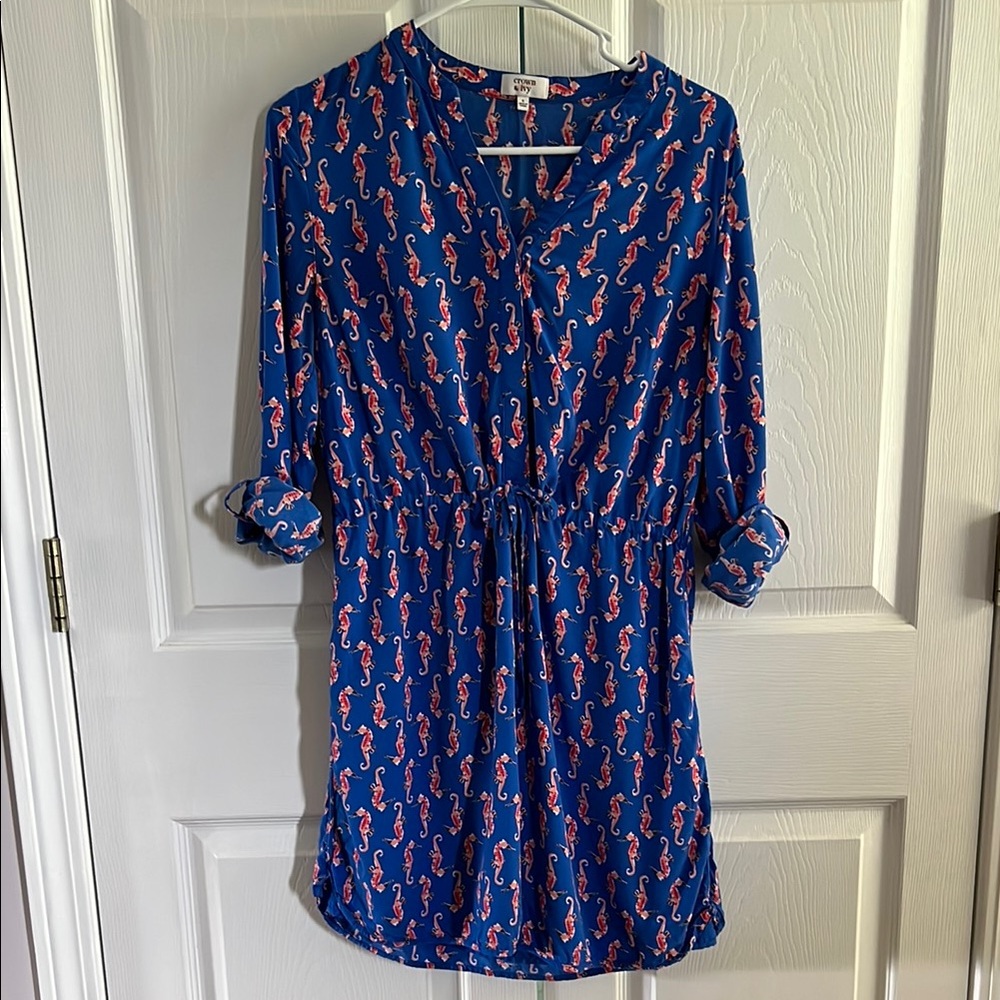 Crown & Ivy Blue and Coral Cuffed Sleeve Sundress with Seahorse Print
